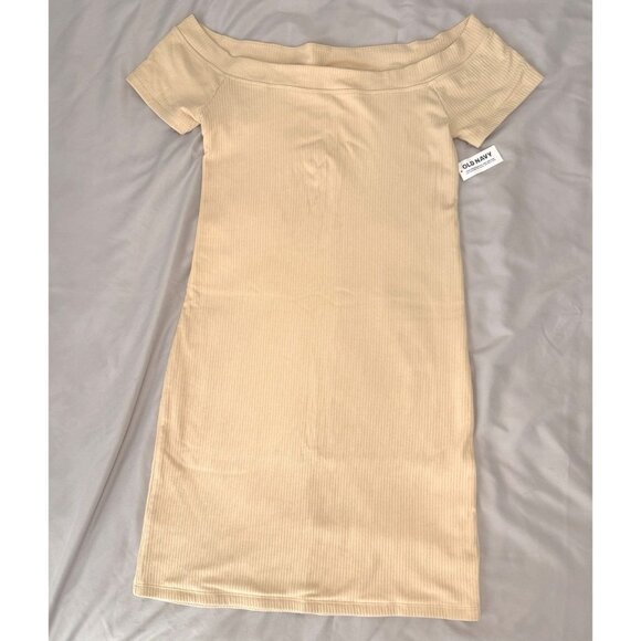 Old Navy Off Shoulder Ribbed Bodycon Dress Beige Tan Size Large NWT - Picture 1 of 6